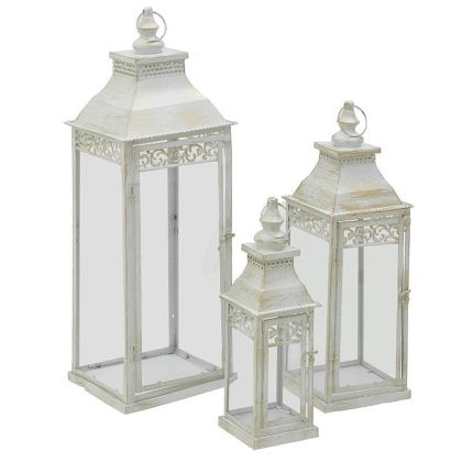 S/3 WOODEN/GLASS LANTERN WHITE 23X23X68