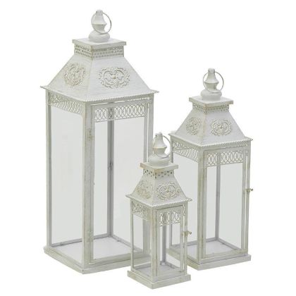 S/3 WOODEN/GLASS LANTERN WHITE 23X23X68