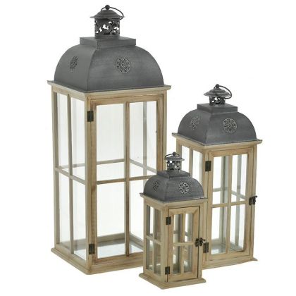 S/3 WOODEN/GLASS LANTERN WHITE/GREY 30X30X85