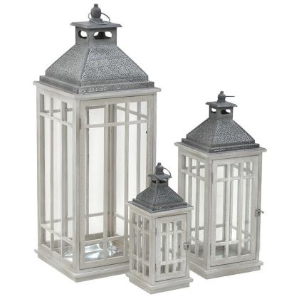 S/3 WOODEN/GLASS LANTERN WHITE/GREY 31X31X91