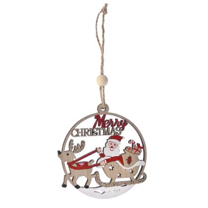  XMAS SET 3 WOODEN CHRISTMAS BALL SANTA CLAUS ON A SLEIGH 8CM