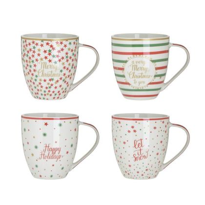 S/4 PORCELAIN XMAS MUG 4 DESIGNS 490CC 10X6X11