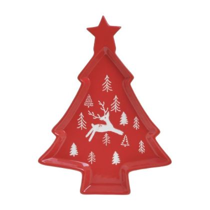 CERAMIC TREE PLATE RED/WHITE 34X28X3