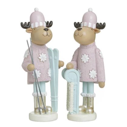 S/2 RESIN SKIING REINDEER 2 DESIGNS PINK/LIGHT BLUE 10X7X25