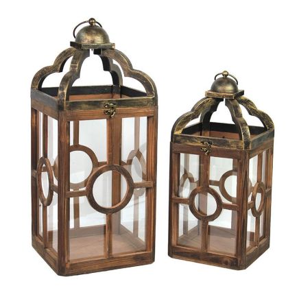 S/2 WOODEN/METAL LANTERN BROWN/BRONZE 24X24X56