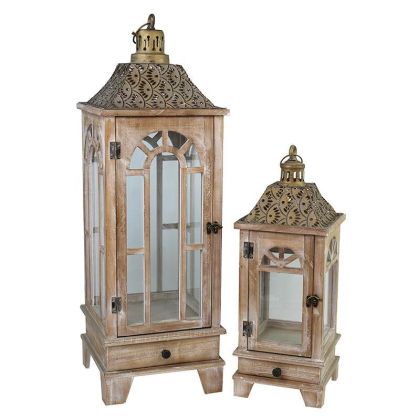 S/2 WOODEN/METAL LANTERN NATURAL/GOLDEN 27X27X81