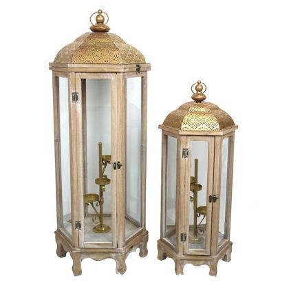 S/2 WOODEN/METAL LANTERN NATURAL/GOLDEN 38X34X98