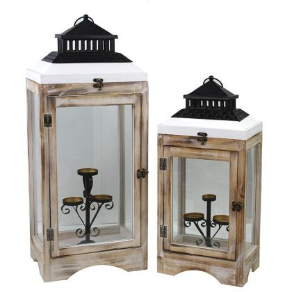 S/2 WOODEN/METAL LANTERN WHITE/BLACK/NATURAL 30X22X73