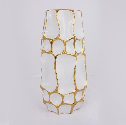 ВАЗА, КЕРАМИКА, БЯЛО И ЗЛАТНО, 15,5x15,5x31,5 см