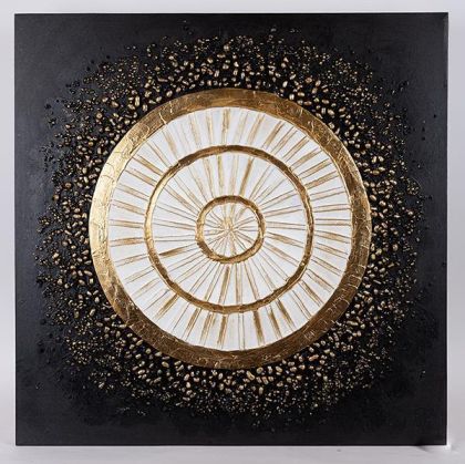 КАРТИНА НА ПЛАТНО, ДИЗАЙН НА КРЪГ, ЧЕРНО-ЗЛАТНО-БЯЛО, 80x80x3cm