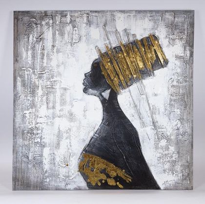 КАРТИНА НА ПЛАТНО, ЖЕНА, БЯЛО-ЧЕРНО-СРЕБРИСТА, 100x100x3см
