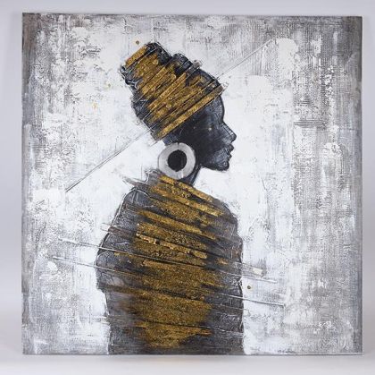 КАРТИНА НА ПЛАТНО, ЖЕНА, БЯЛО-ЧЕРНО-СРЕБРИСТА, 100x100x3см