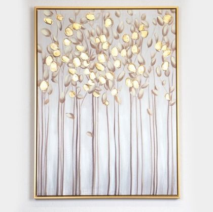 КАРТИНА НА ПЛАТНО, КЛОНКИ СЪС ЗЛАТНИ ЛИСТА, СВЕТЛО СИНЯ, 60x80x3,5cm