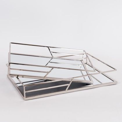 S/2 ПОДНОС, МЕТАЛЕН, С ОГЛЕДАЛО, СРЕБРИСТА L:D35x25x5, S:D30.5x20.5x5cm