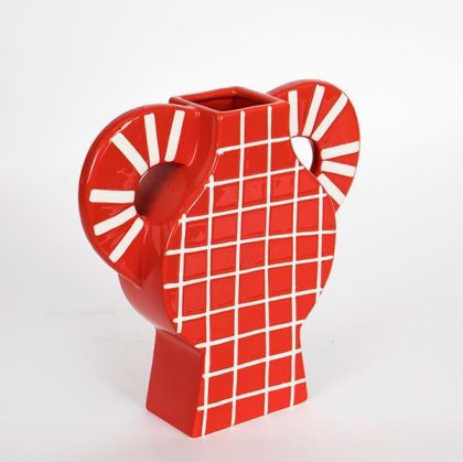 ВАЗА, КЕРАМИКА, ЧЕРВЕНА С БЕЛИ ЛИНИИ, С ДРЪЖКИ, 37,5x8x35,5см