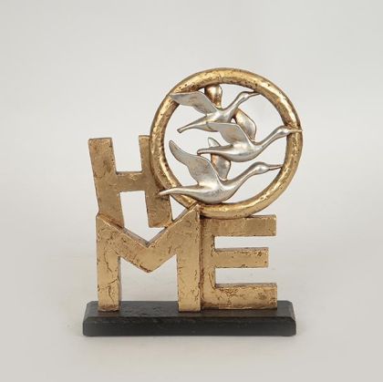 ДЕКОРАЦИЯ ЗА МАСА, ПОЛИЗЕРИН, БУКВИ &quot;HOME&quot; С ГЪСКИ, ЗЛАТНО-СРЕБРИСТ, 17.5x4.5x20.8cm