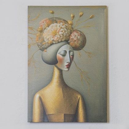 КАРТИНА ДЕСЕН ПРОФИЛ НА ГЕЙША, ЗЛАТИСТО-БЯЛО-СИВО, 40x60cm