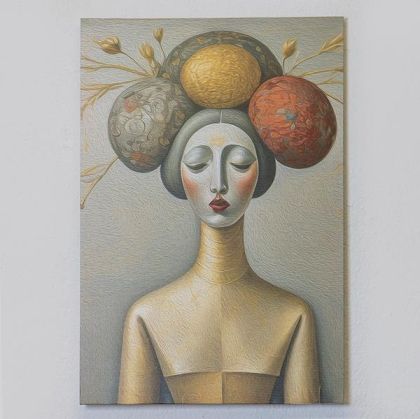 КАРТИНА ЛИЦЕ НА ГЕЙША, ЗЛАТИСТО-ЧЕРВЕНО-СИВО, 40x60cm
