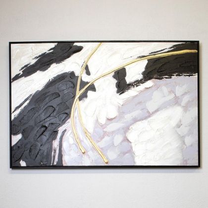 КАРТИНА НА ПЛАТНО, АБСТРАКТНО ИЗКУСТВО, БЯЛО-ЧЕРНО-СИВО-ЗЛАТНО, 120x80x3.5cm