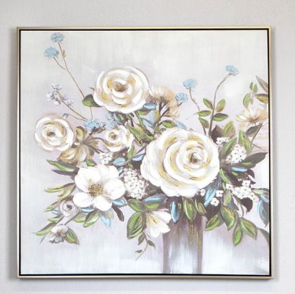КАРТИНА НА ПЛАТНО, ЦВЕТЯ ВЪВ ВАЗА, БЯЛО-СИВО, 80x80x3,5cmcm