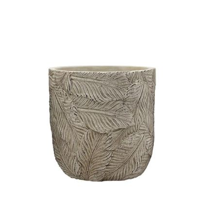 БЕЖОВА КРЪГЛА САКСИЯ С РЕЛЕФЕН МОДЕЛ НА ЛИСТА, СРЕДНА - Φ15x14.5 см 12/20 КУТИЙКИ