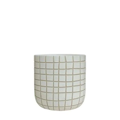 БЯЛА КРЪГЛА РЕЛЕФНА САКСИЯ С КАРИРАН МОТИВ, МАЛКА - Φ13x12.5 см 18/15KIB