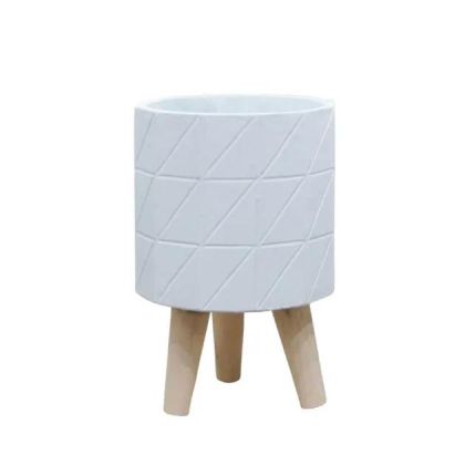 БЯЛА ЦИМЕНТОВА САКСИЯ С ДЪРВЕНИ КРАКА Φ16x15.5/23.5см 6 бр./КУТИЯ