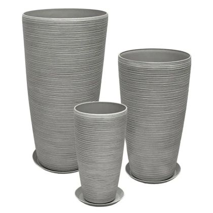 КОМПЛЕКТ САКСИИ ОТ КАМЪК ПОЛИСМОЛА/6 СИВИ, ОТ СТАРА ГЛИНА - Д:Φ40x75.5, М:Φ32x58, Ш:Φ23x42см