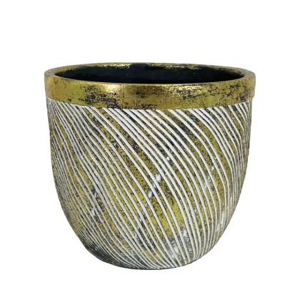 КРЪГЛА ЗЛАТИСТА САКСИЯ С БЕЛИ ДИАГОНАЛНИ ЛИНИИГОЛЯМА - Φ16.5x16см 1/12KIB