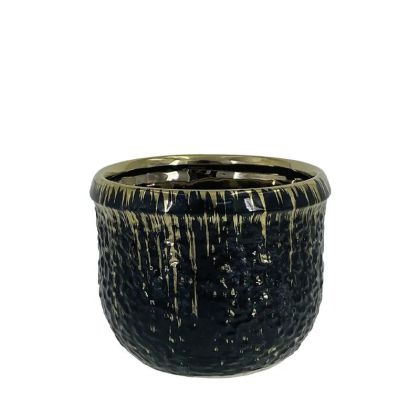 КРЪГЛА САКСИЯ ЗА ЦВЕТЯ, ЧЕРНА/ЗЛАТИСТА ГЛАЗИРАНА, СРЕДНА - Φ14.5x12см 1/18KIB
