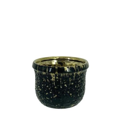 КРЪГЛА САКСИЯ ЗА ЦВЕТЯ, ЧЕРНА/ЗЛАТИСТА, ГЛАЗИРАНА, МАЛКА - Φ12.5x9.5см 1/24КУТИЯ