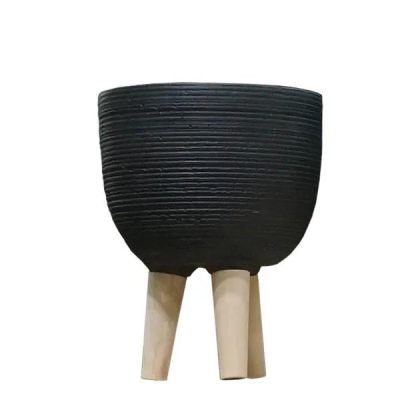 КРЪГЛА САКСИЯ ОТ ЧЕРЕН ЦИМЕНТ С ДЪРВЕНИ КРАКА Φ25.5x23/33.5см 2 бр./КУТИЯ