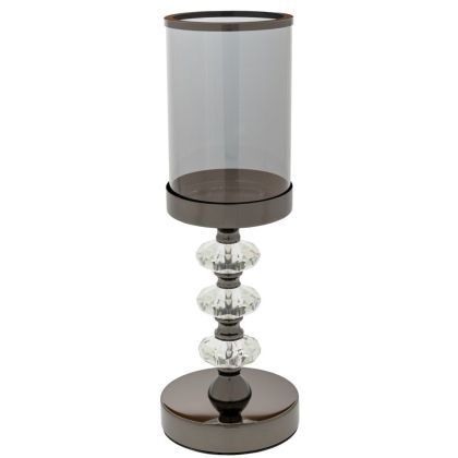СИВ МЕТАЛЕН СВЕЩНИК СЪС СТЪКЛО 12X35 СМ
