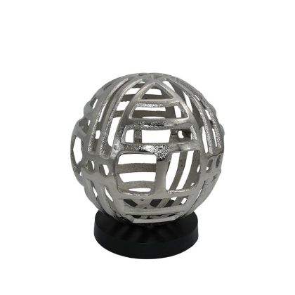 ДЕКОРАТИВНА ФИГУРА ТОПКА НИКЕЛОВА СРЕБЪРНА С ЧЕРНА ДЪРВЕНА ОСНОВА 14X14X16СМ