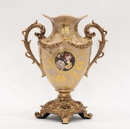 ВАЗА ОТ ПОРЦЕЛАН - ПОЛИРЕЗИН БЕЖОВА С ЦВЕТЯ 26X17X42СМ