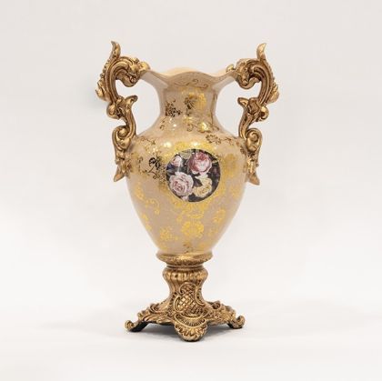 ВАЗА ОТ ПОРЦЕЛАН - ПОЛИРЕЗИН БЕЖОВА С ЦВЕТЯ 27X17X35СМ