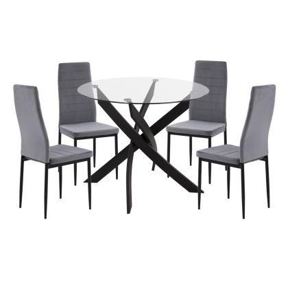 КОМПЛЕКТ МАСИ И СТОЛОВЕ 5 ЧАСА LADY HM21199.01 СТЪКЛЕН ПЛОТ - МЕТАЛ В ЧЕРНО И КАДИФЕН В СИВО