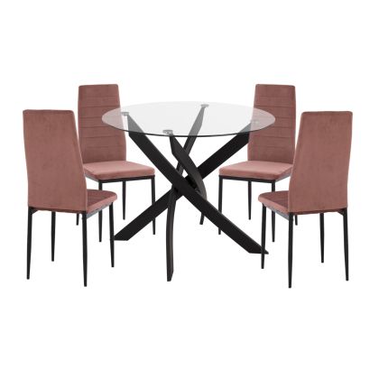 КОМПЛЕКТ МАСИ И СТОЛОВЕ 5 ЧАСА LADY HM21199.02 СТЪКЛЕН ПЛОТ - МЕТАЛ В ЧЕРНО И КАДИФЕН В ПРАШНО РОЗОВО