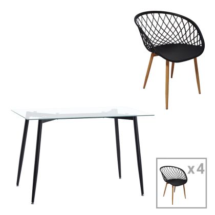 КОМПЛЕКТ ТРАПЕЗНА МАСА QUANA-EZRA ОТ 5 ЧАСТИ, СТЪКЛО 8 ММ, ПРОЗРАЧНО - ЧЕРНИ КРАКА 120X70X75 СМ