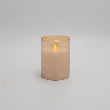 LED СВЕЩ НА БАТЕРИЯ С ТРЕПТЯЩ ПЛАМЪК, СЪС СТЪКЛО, МЕД, С ТАЙМЕР, 7,5X10СМ