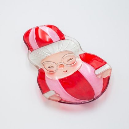 ПЛАТО Г-ЖА ДЯДО КОЛЕДА, БОНБОНИ, СТЪКЛЕНА ДЕКОРАЦИЯ, 18.5X30СМ