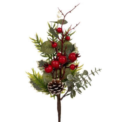 ДЕКОРАТИВЕН ЗЕЛЕН КЛОН С ЧЕРВЕНИ ПЛОДОВЕ И БОРОВИ ШИШАРКИ 85 СМ