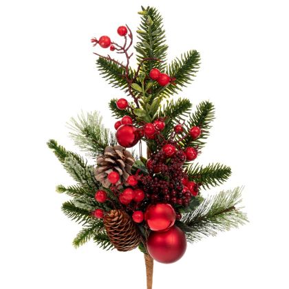 ЗЕЛЕНА КЛОНКА С ЧЕРВЕНИ ПЛОДОВЕ, ЧЕРВЕНИ ДИВАНКИ И ГЛАЗИРАНИ БОРОВИ ШИШАРКИ 50 СМ