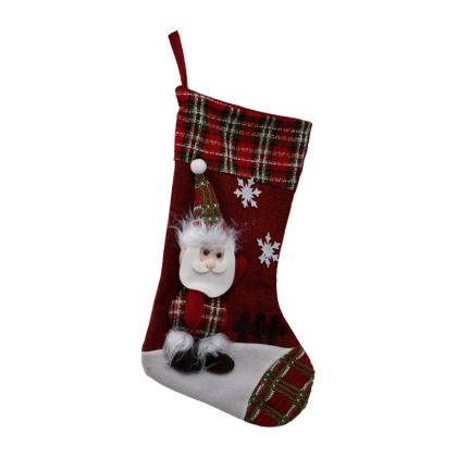 КОЛЕДЕН ДЕКОРАТИВЕН ЧОРАП ДЯДО КОЛЕДА + СНЕЖЕН ЧОВЕК 1/2 ЧЕРВЕНО-ЗЕЛЕН КАРИРАН 27X23X50СМ