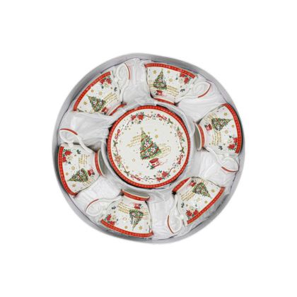 КОЛЕДЕН КЕРАМИЧЕН КОМПЛЕКТ ЗА КАФЕ 6 ЧАСТИ В КУТИЯ FL80068 БЯЛО-ЧЕРВЕН ЦВЯТ