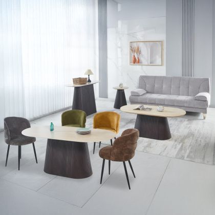 КОМПЛЕКТ ОТ 3 МАСИ И 1 КОНЗОЛА CATER HM21261 КЕРАМИЧЕН ПЛОТ С ВИД НА ТРАВЕРТИН И КАМЪК - МДФ ОСНОВА, ТЪМНО КАФЯВ