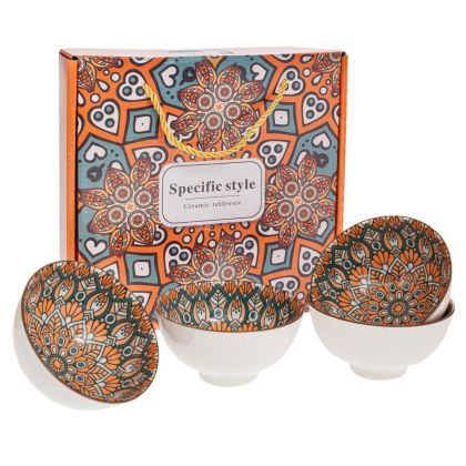 КОМПЛЕКТ ОТ 4 ОРАНЖЕВИ КЕРАМИЧНИ КУПИ С ГЕОМЕТРИЧНИ ДИЗАЙНИ 11X6 СМ