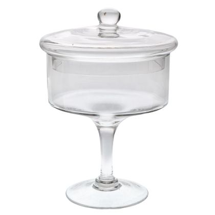 ПРОЗРАЧЕН СТЪКЛЕН ПОДНОС С КАПАК, НА КРАК 18X25 СМ