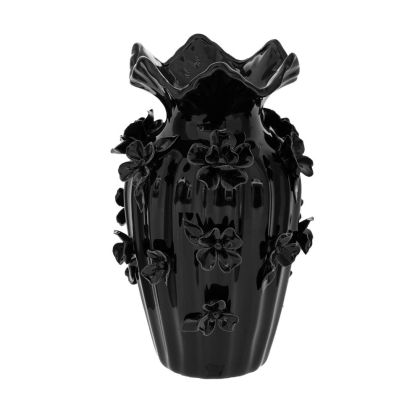 ЧЕРНА КЕРАМИЧНА ВАЗА С 3D ЦВЕТНА ДЕКОРАЦИЯ 16X26 СМ