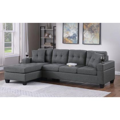 JORDAN ЪГЛОВ ДИВАН С ОБРЪЩАЕМ ДИЗАЙН, СИВ ПЛАТ, ПОДЛАКЪТНИЦИ С ПОСТАВКИ ЗА ЧАШИ